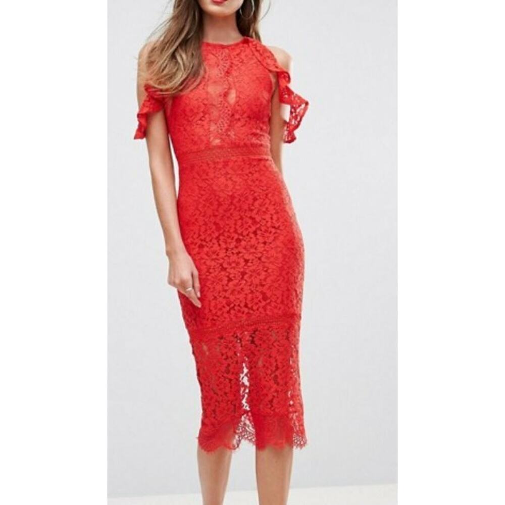 NEW NAANAA RED LACE BOBYCON COLD SHOULDER MIDI DRESS SIZE 0 UK 4